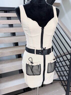 Khaki Matching set with a Zip Up Crop Top and  Skirt with Mesh Pockets size XS